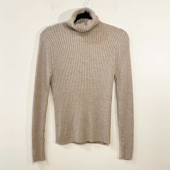 EUC LL Bean 100% Merino Wool Ribbed Turtleneck Sweater Taupe Medium - Picture 1 of 5